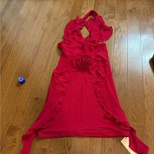 SHEIN Red Halter Dress with Floral Accent
